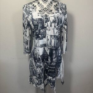Patchington Mini Dress 3/4 Sleeve Size M New York Print Gray Lightweight